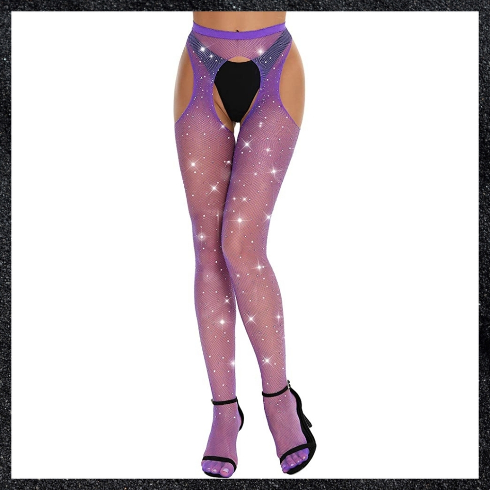 Purple Rhinestone Fishnet Crotchless Garter Belt Thigh High Pantyhose